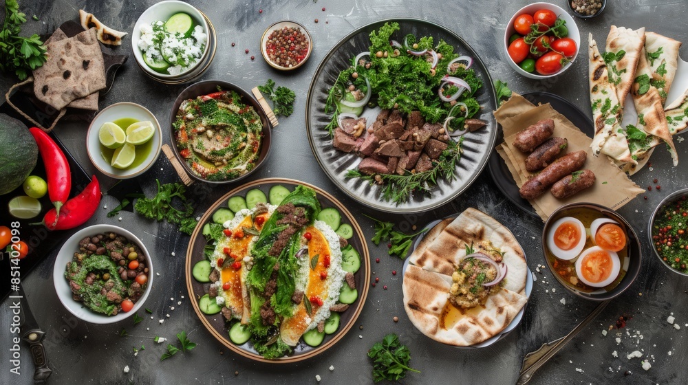A Feast of Middle Eastern Delights: A Table Spread with Savory Dishes A Feast of Middle Eastern Delights: A Table Spread with Savory Dishes