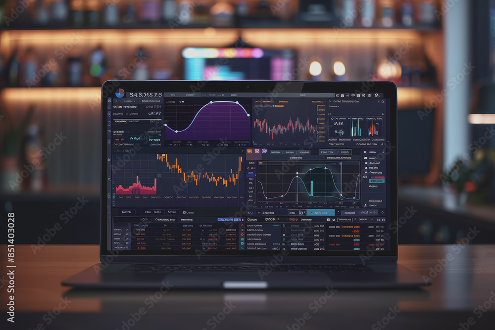 Fototapeta premium A laptop on a table displays analytics and AI in a first-person perspective in a modern office.