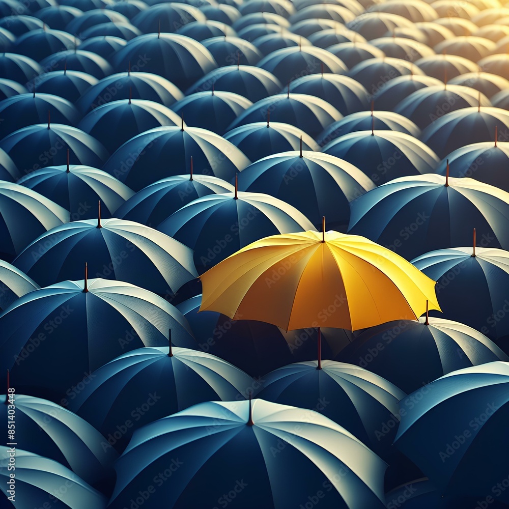 Obraz premium Yellow umbrella standing out among blue umbrellas.