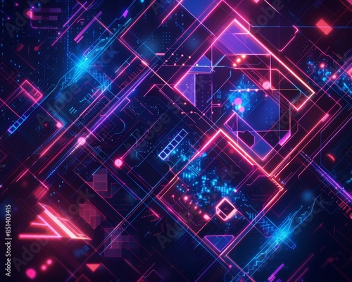 Wallpaper Mural Vibrant neon glowing geometric shapes in a futuristic technology theme, abstract digital art background Torontodigital.ca