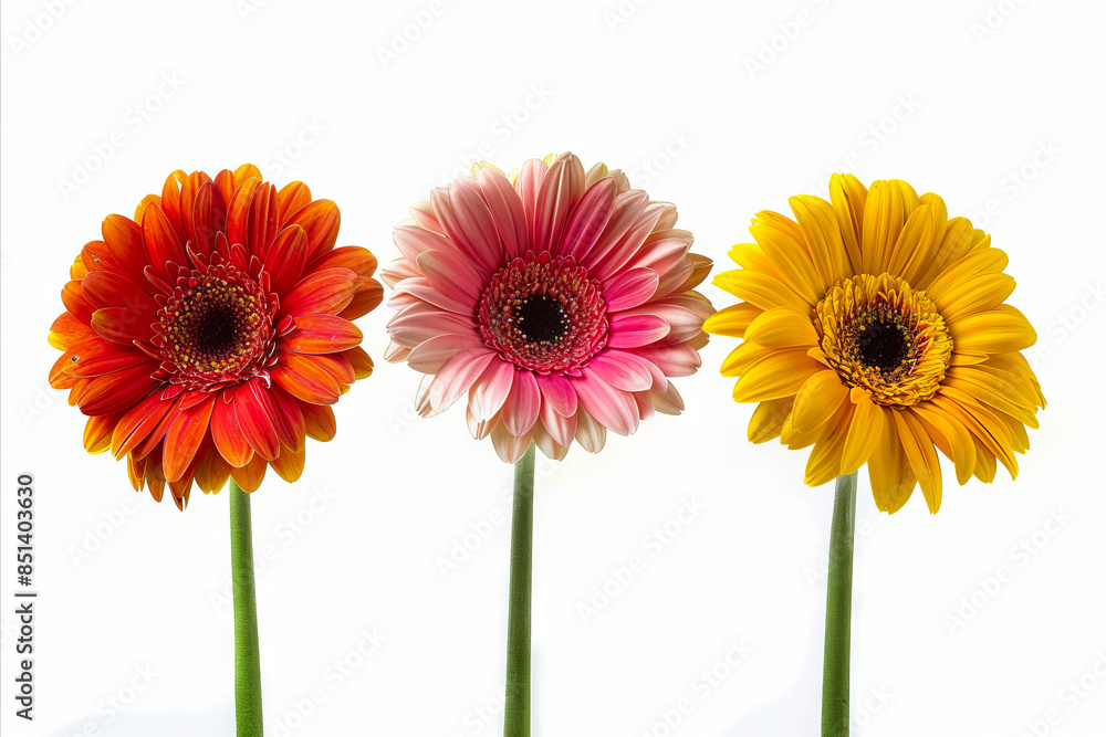 Three colorful daisies are shown against a white background. Three colorful daisies are shown against a white background.