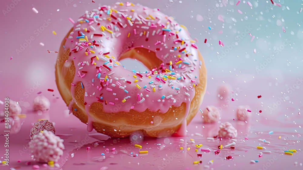 Super slow motion, delicious donuts falling on a pastel background. Free space. Super slow motion, delicious donuts falling on a pastel background. Free space.