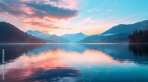 Wallpaper Mural Scenic mountain lake at sunrise with vibrant colors reflecting in the calm water Torontodigital.ca