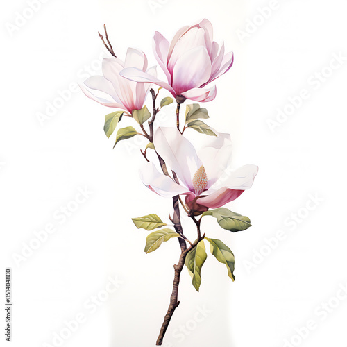 Pink Magnolia watercolor painting isolated on white background