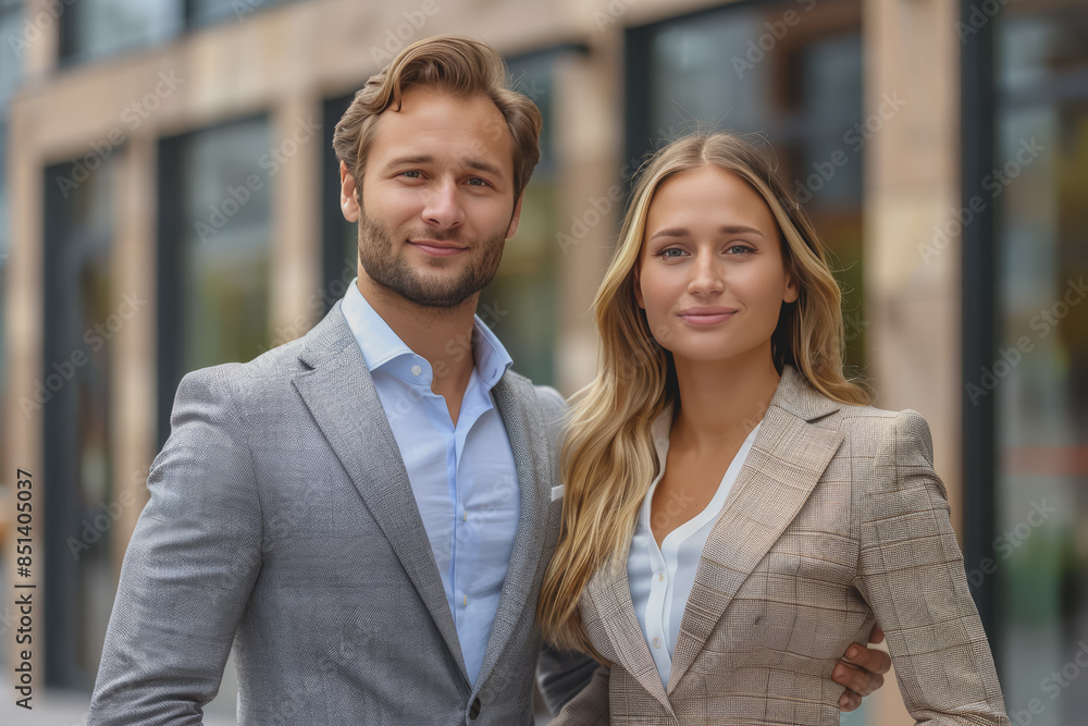 Colleagues business woman and man in the street near the business center, real estate background. Colleagues business woman and man in the street near the business center, real estate background.