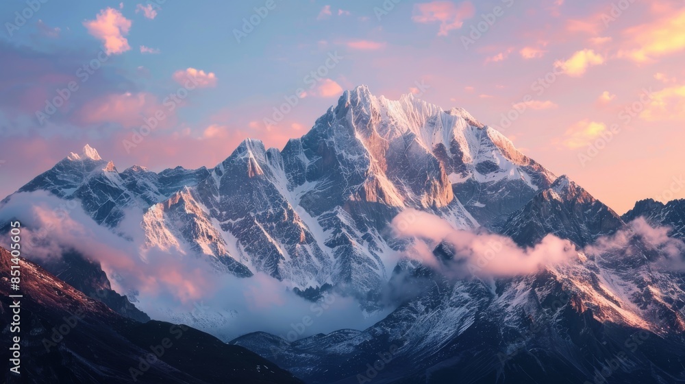 Abstract background featuring a majestic snow-capped mountain peak during sunrise