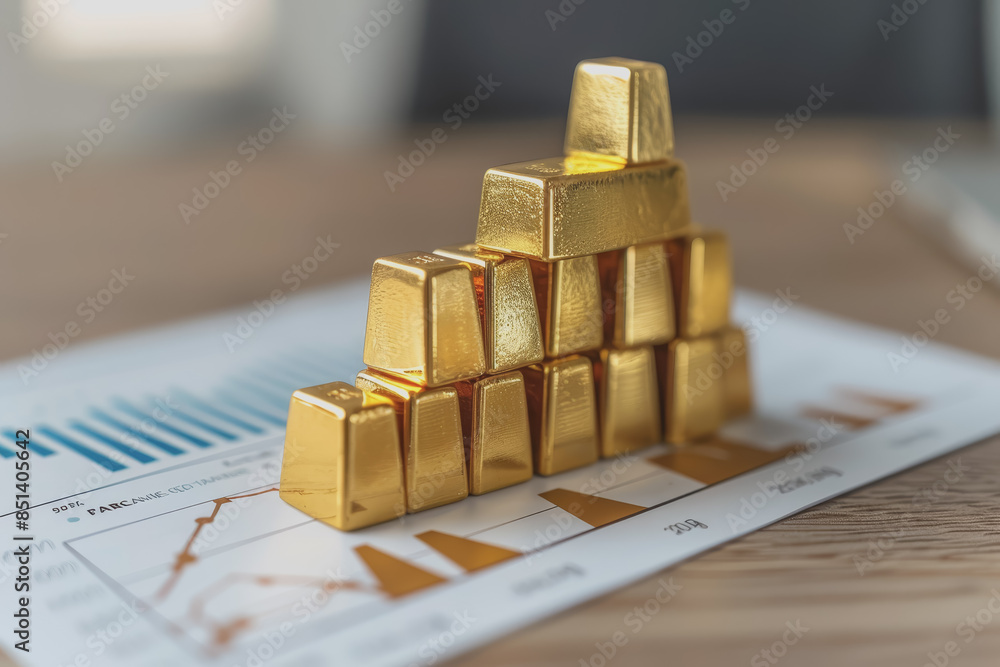 Gold bars stack on rate product life cycle stages with graphical data. Gold bars stack on rate product life cycle stages with graphical data.