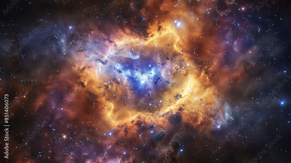 Fototapeta premium Abstract background depicting a colorful nebula in deep space with glowing stars and cosmic clouds