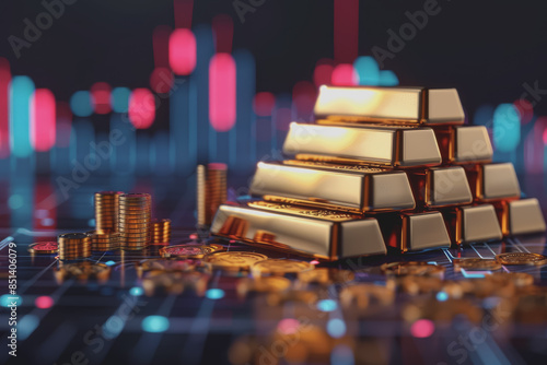 Gold bars stack on rate product life cycle stages with graphical data.