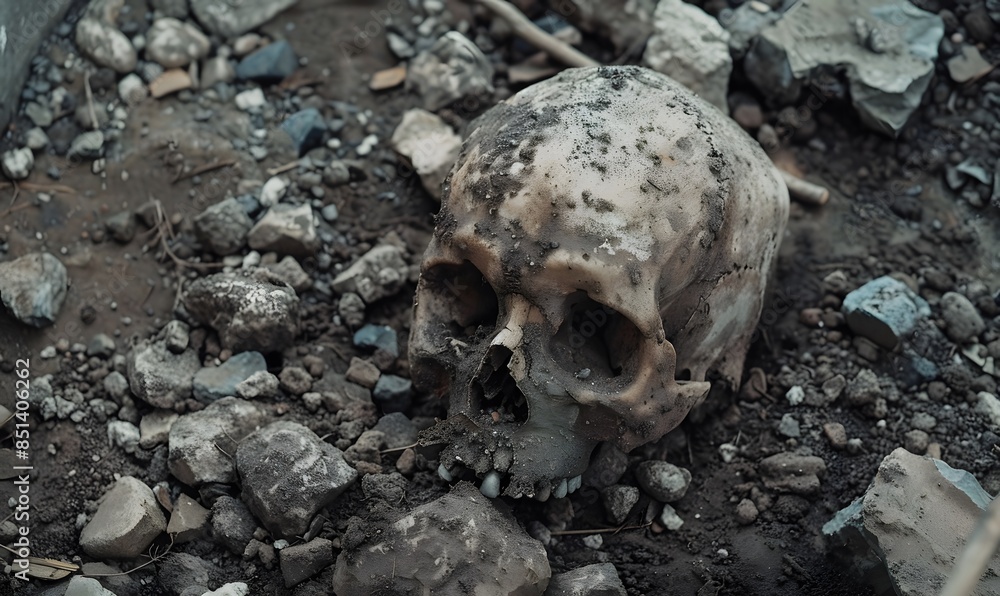 A skull lies on the ground, Generative AI