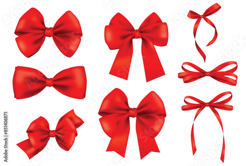 Big collection of red ribbons and red bows on white background. Illustrations and vectors