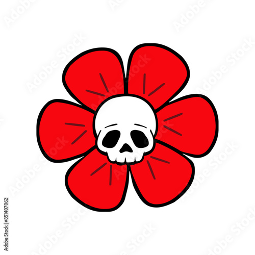 Logo de calavera humana en el medio de una flor para invitaciones y tarjetas de Halloween