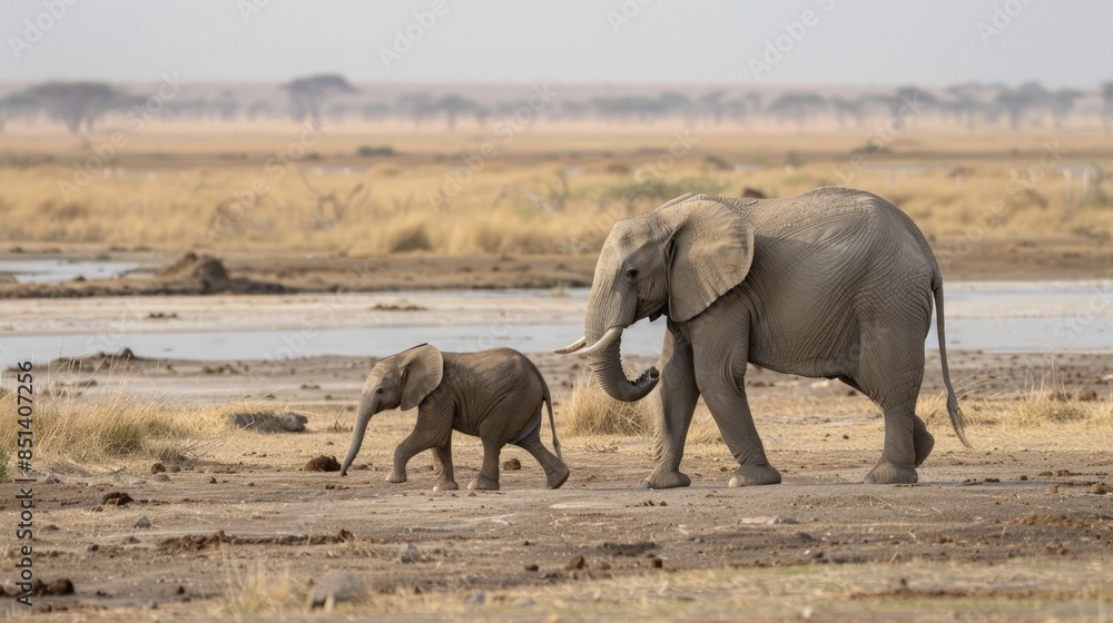 Elephant Family Walking Through Savanna Elephant Family Walking Through Savanna