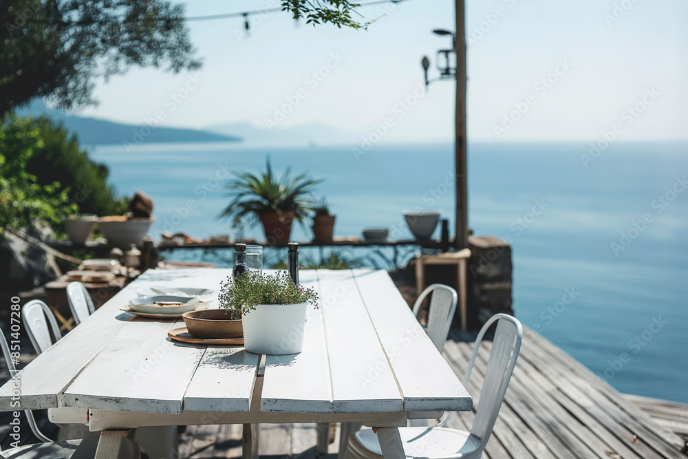 Fototapeta premium Whitewashed Patio With Ocean View and Wooden Table
