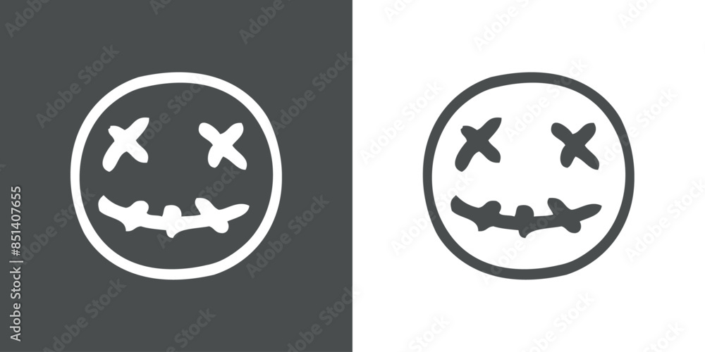 Logo con emoticono de zombi alegre para invitaciones y tarjetas de Halloween. Cara de zombi con expresión alegre como personaje emoji Logo con emoticono de zombi alegre para invitaciones y tarjetas de Halloween. Cara de zombi con expresión alegre como personaje emoji