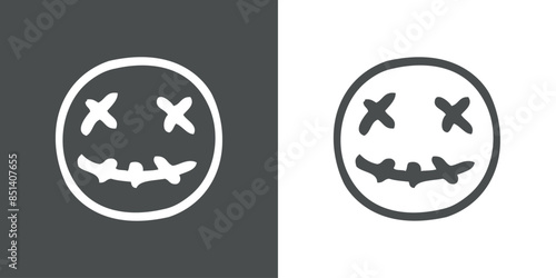 Logo con emoticono de zombi alegre para invitaciones y tarjetas de Halloween. Cara de zombi con expresión alegre como personaje emoji