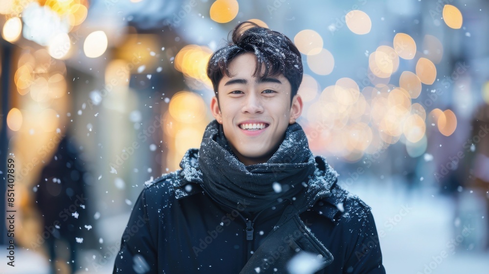 A handsome, cute, Korean young man featuring a winter coat, showcasing a snowy day in a picturesque town square, emphasizing his warm and inviting presence. A handsome, cute, Korean young man featuring a winter coat, showcasing a snowy day in a picturesque town square, emphasizing his warm and inviting presence.