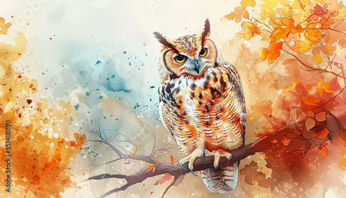 An owl is perched on a branch in a forest with autumn leaves photo