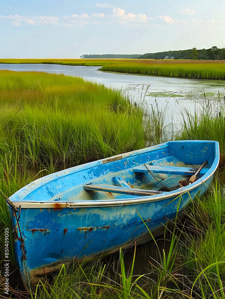 A blue boat sits in the grass near a marsh. A blue boat sits in the grass near a marsh.