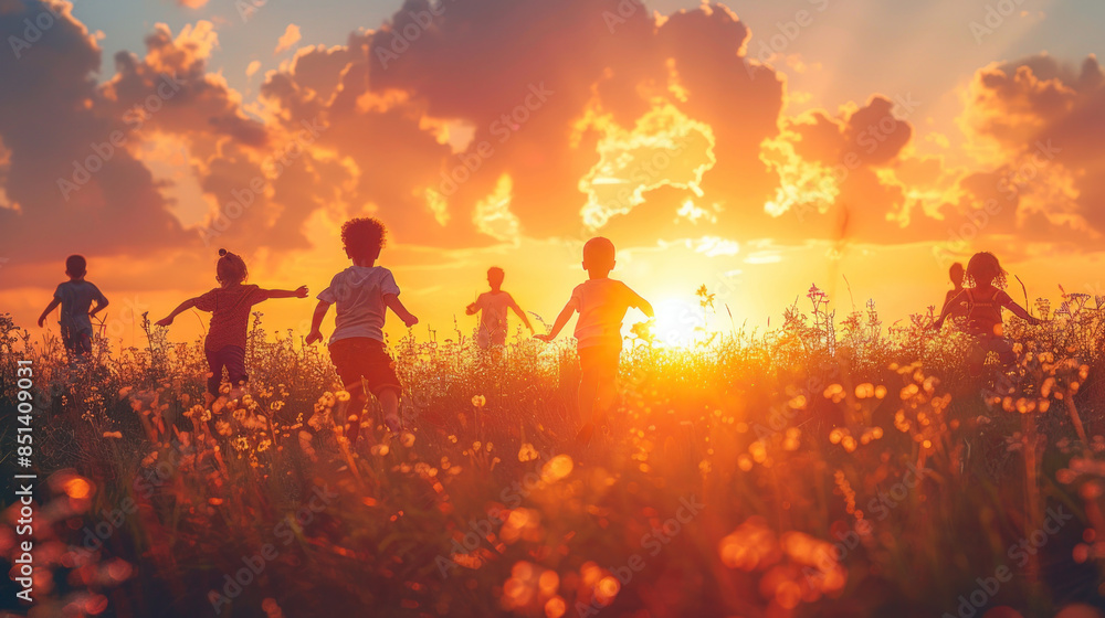 Fototapeta premium A beautiful silhouette of a multicultural group of children playing joyfully in an open field