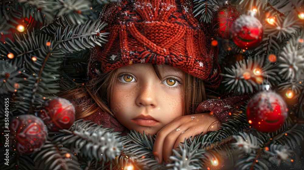 Little child wearing red woolen hat peeking out from behind christmas tree Little child wearing red woolen hat peeking out from behind christmas tree