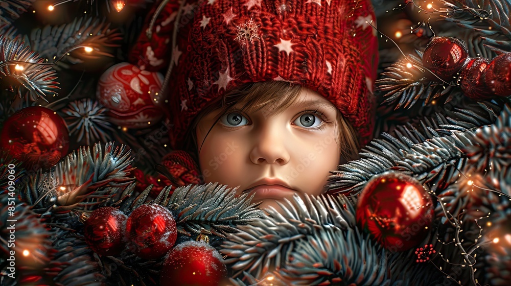 Young child is surrounded by christmas decorations and lights Young child is surrounded by christmas decorations and lights