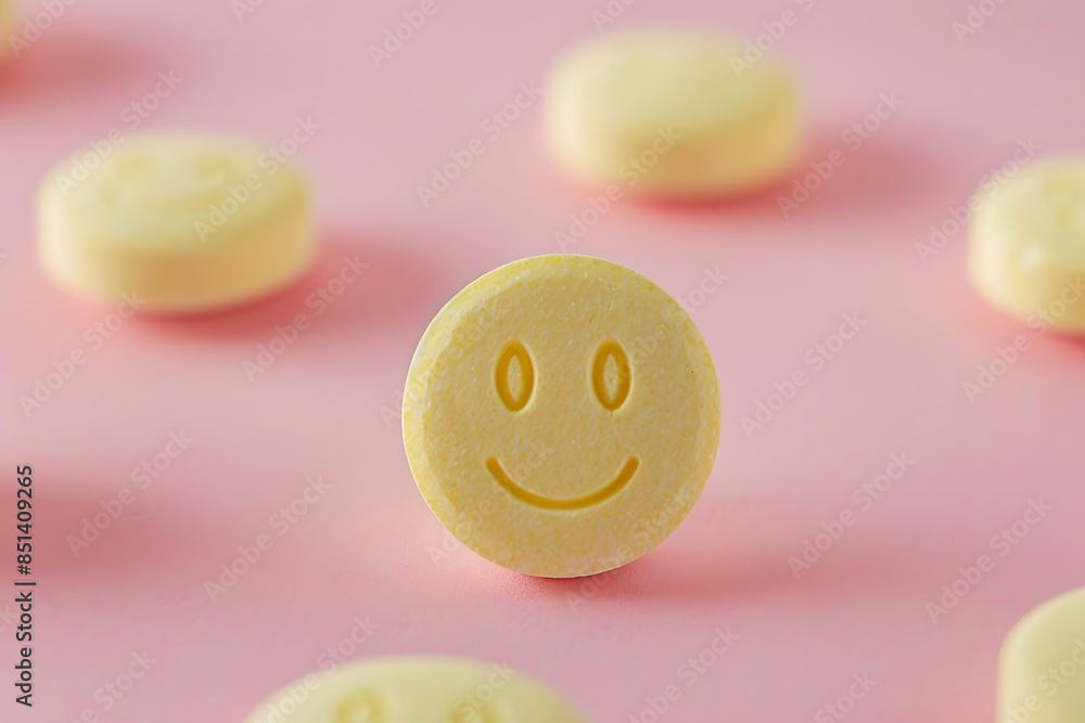 Close-up of yellow pills with smiley faces on a pink background, representing mood enhancement and positivity. Close-up of yellow pills with smiley faces on a pink background, representing mood enhancement and positivity.