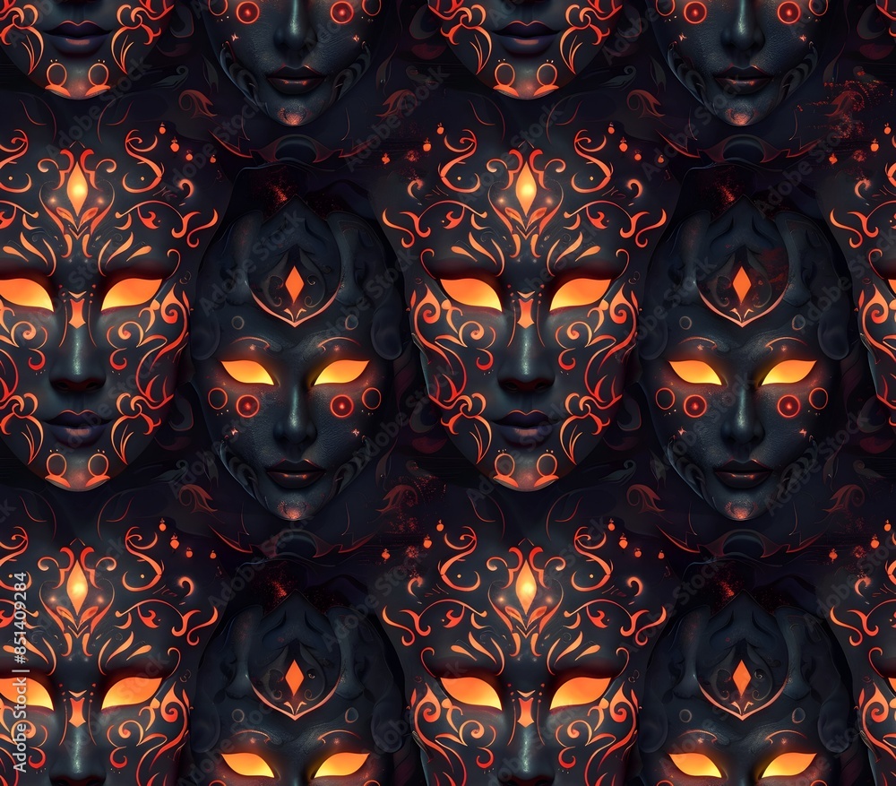Surreal and Eerie Halloween Mask Pattern with Glowing Otherworldly Shapes and Dark Fantasy Cinematic Influence Surreal and Eerie Halloween Mask Pattern with Glowing Otherworldly Shapes and Dark Fantasy Cinematic Influence
