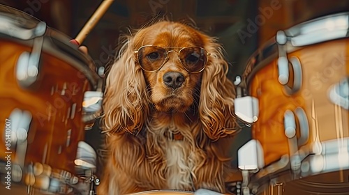 Cool dog is drumming on a drum set while wearing sunglasses