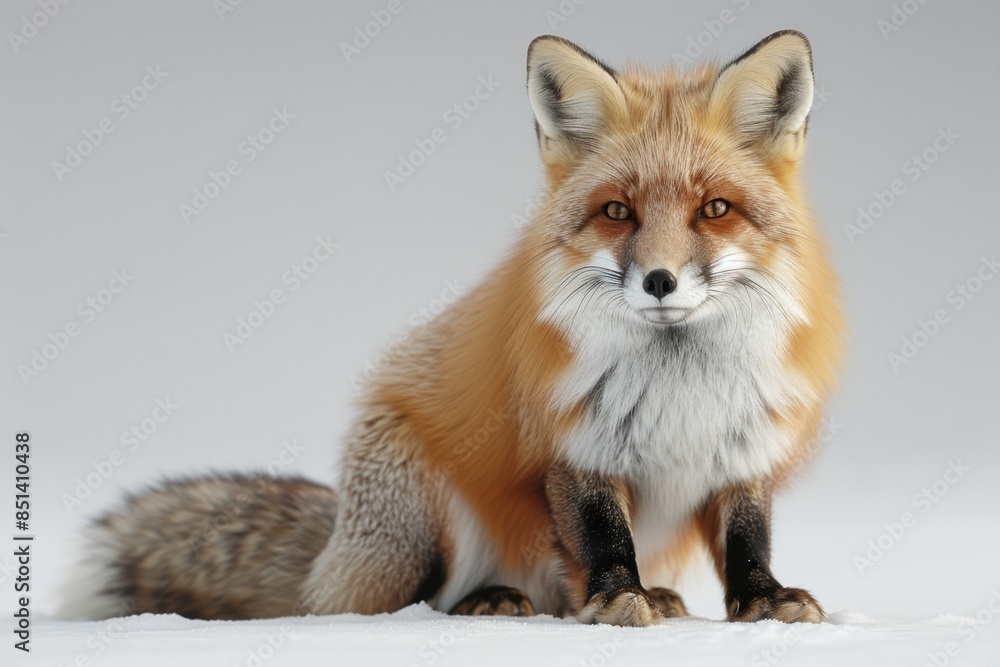 Elegantly posed red fox against crisp, clean white background, showcasing striking features and fur details. Captivating portrait. Elegantly posed red fox against crisp, clean white background, showcasing striking features and fur details. Captivating portrait.