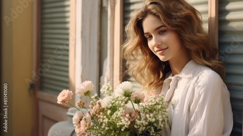Beautiful young woman sitting on the porch with a fresh bouquet of flowers, in the style of lagom