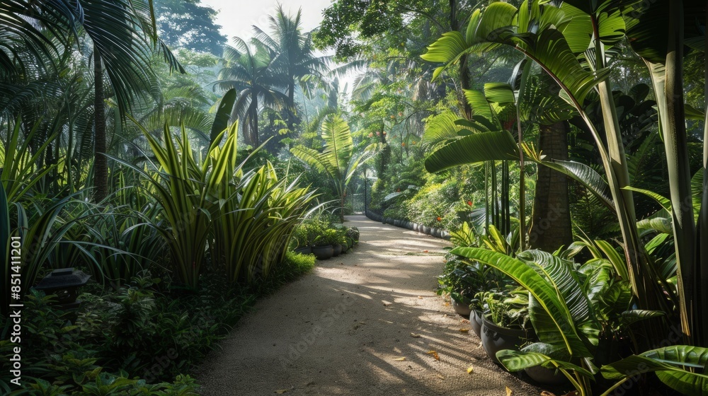 Sun-Dappled Path Through Lush Tropical Garden Sun-Dappled Path Through Lush Tropical Garden