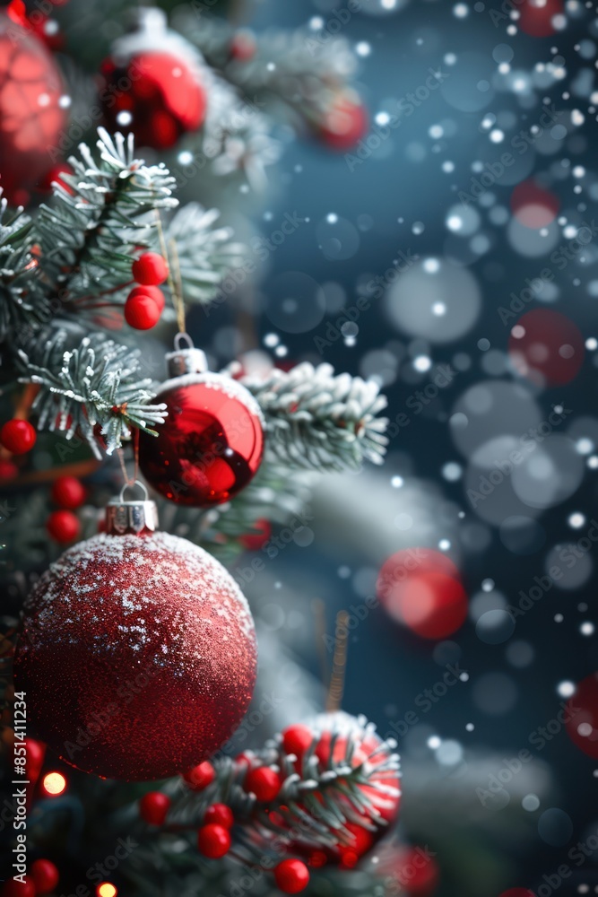 Red Christmas Ornament Hanging on Snowy Evergreen Branch Red Christmas Ornament Hanging on Snowy Evergreen Branch