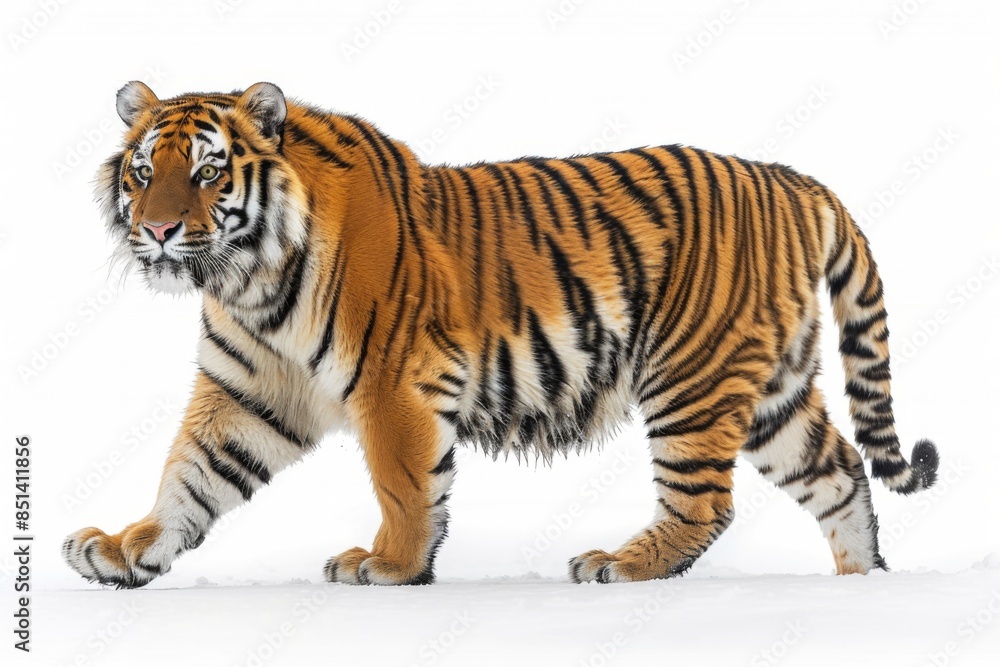Fototapeta premium Side view of a majestic tiger walking away isolated on white background, detailed and powerful