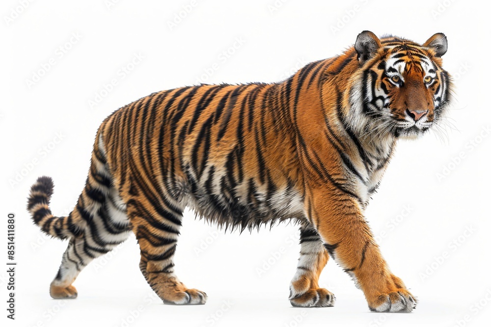 Fototapeta premium Side view of a majestic tiger walking away isolated on white background, detailed and powerful