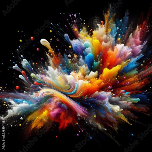 An abstract explosion of colorful paint on a dark background, featuring a dynamic burst of vibrant hues and fluid motion. Perfect for adding energy and creativity to any design project.. AI Generation