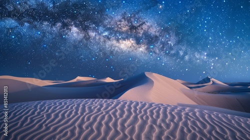Starry night sky over desert dunes with visible Milky Way and wind-shaped ripples