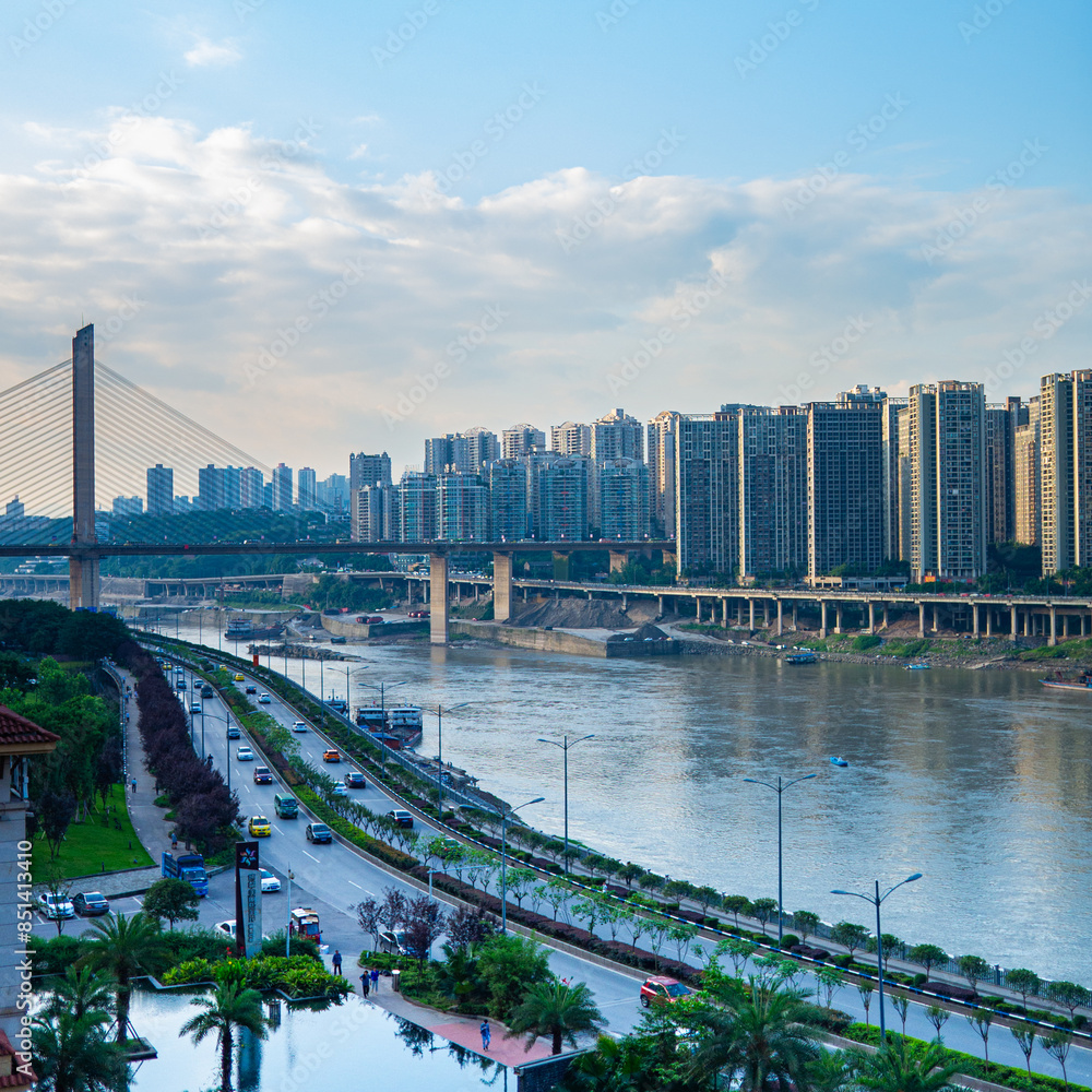 Fototapeta premium This is the Shimen Bridge photographed in the Jialing River, and under the bridge is a pier, which has now been closed to protect the environment.