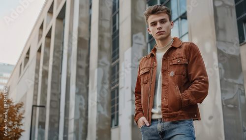 A man in a brown jacket and white shirt stands in front of a building