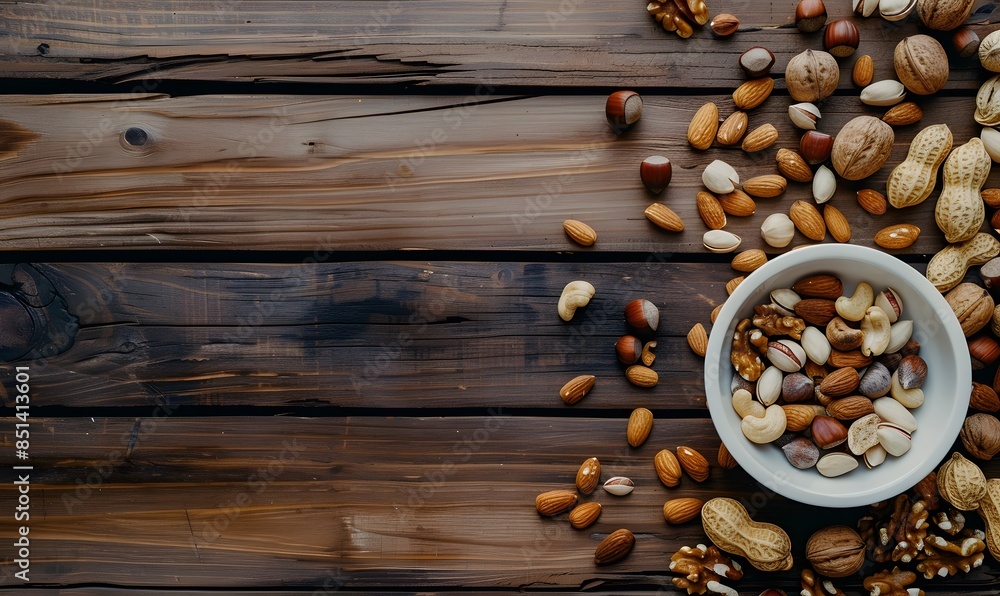 A wooden table with various nuts scattered around , Generative AI A wooden table with various nuts scattered around , Generative AI