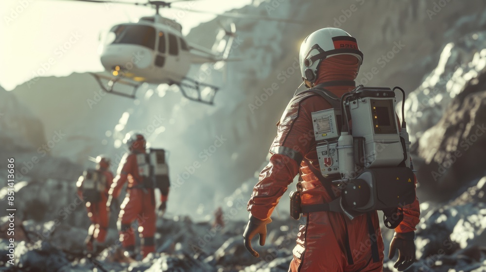 Fototapeta premium group of rescue workers in orange suits walking towards a helicopter in a rocky, mountainous area