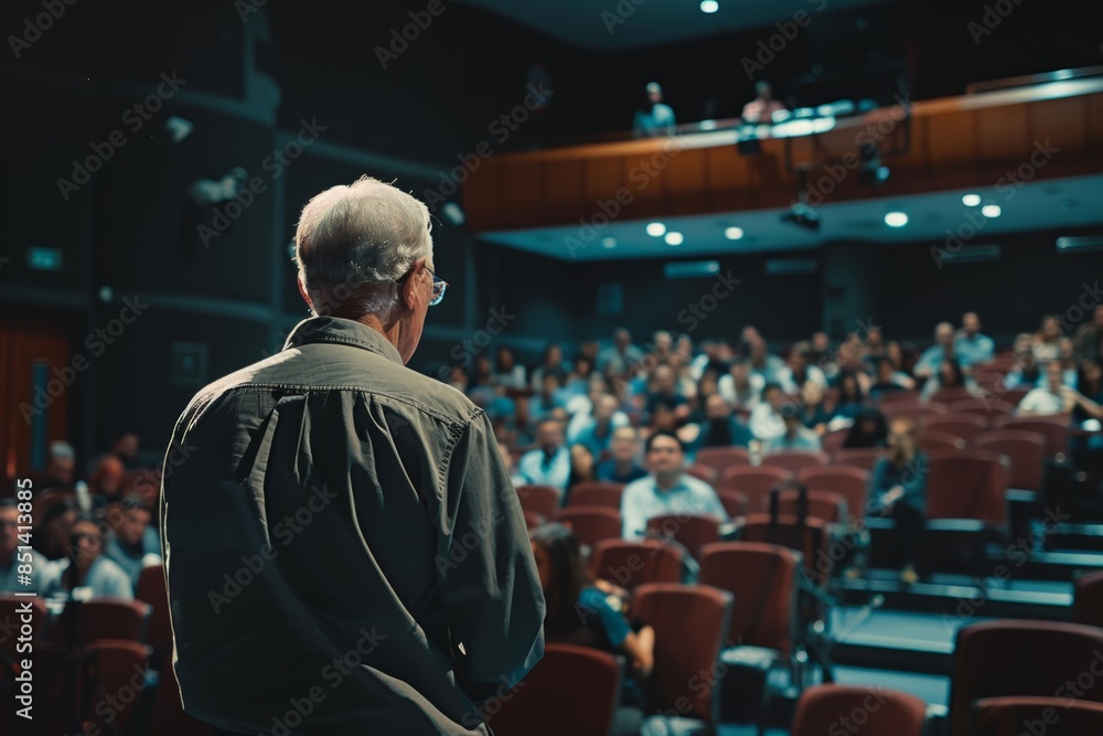 older man giving a lecture in a conference hall, seen from behind, with an audience watching attentively older man giving a lecture in a conference hall, seen from behind, with an audience watching attentively