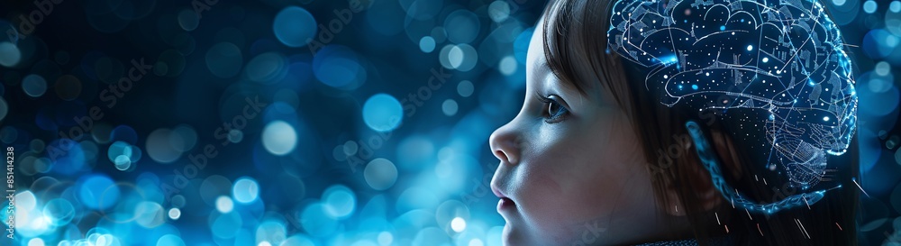 A baby with an AI brain, surrounded by glowing data streams and futuristic tech elements. The dark blue background with bokeh lights creating depth of field. A soft focus on the face shows innocence A baby with an AI brain, surrounded by glowing data streams and futuristic tech elements. The dark blue background with bokeh lights creating depth of field. A soft focus on the face shows innocence