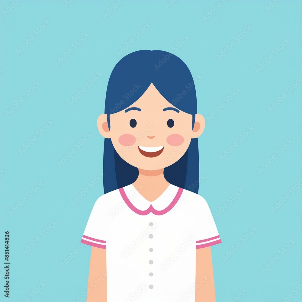 A happy cute little girl icon wearing white isolated on a blue square-shaped background with copy space A happy cute little girl icon wearing white isolated on a blue square-shaped background with copy space