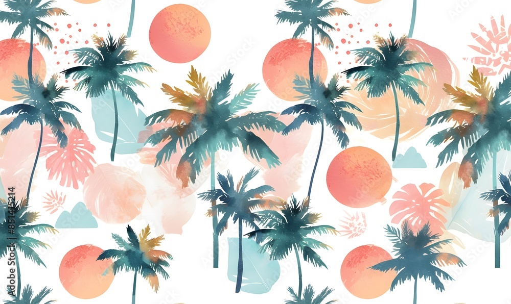 Summer tropical palm trees and sun on white background, Generative AI Summer tropical palm trees and sun on white background, Generative AI