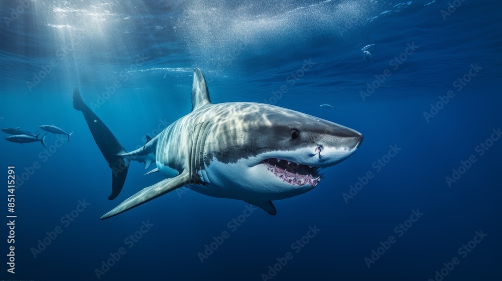 Fototapeta premium Majestic Great White Shark Dominating the Depths of the Ocean
