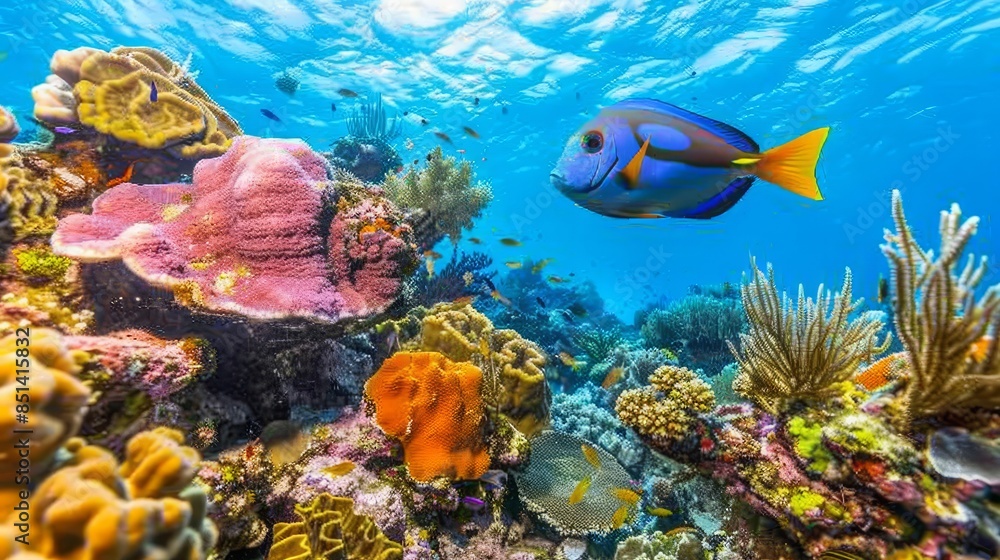 Fototapeta premium Serene Blue Tang Swimming Among Colorful Coral Reefs in Vibrant Underwater Scene