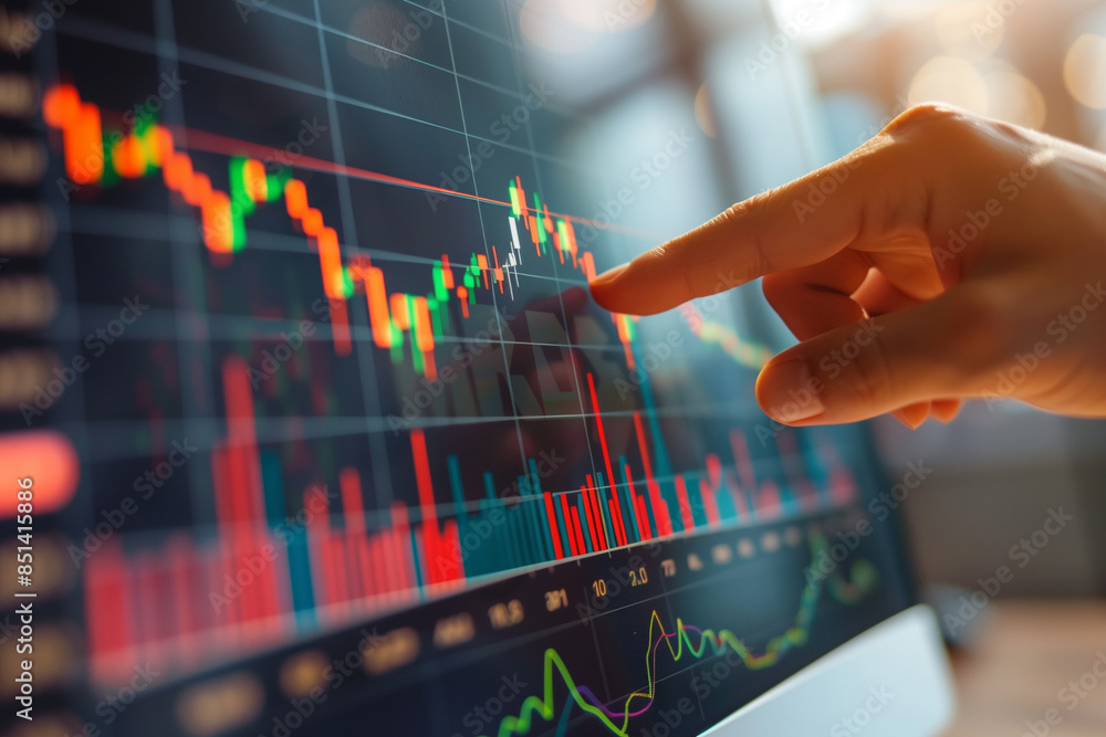 Closeup hand pointing finger and touching blue screen to analyze stock market graph, currency buying signal. Index investment growth chart, trading data Cryptocurrency and Forex concept Closeup hand pointing finger and touching blue screen to analyze stock market graph, currency buying signal. Index investment growth chart, trading data Cryptocurrency and Forex concept