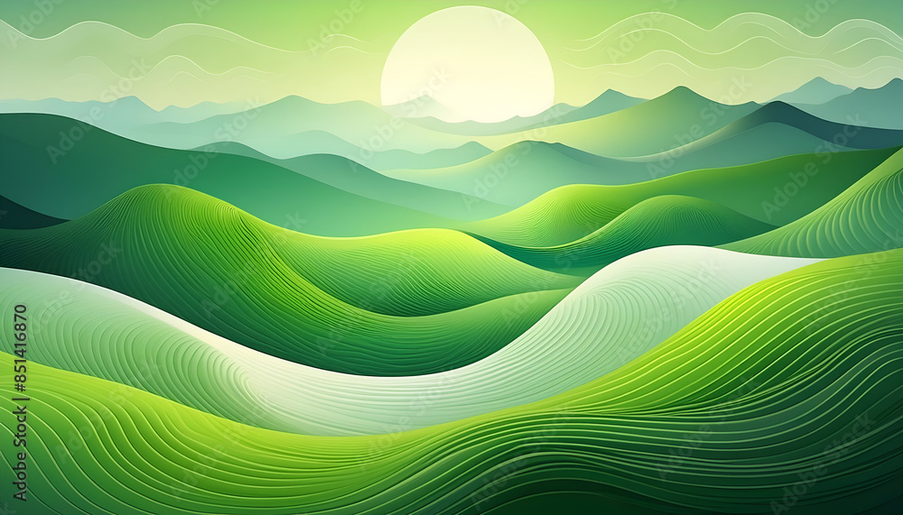 Obraz premium Digital Illustration of Rolling Green Hills and a Bright Sun