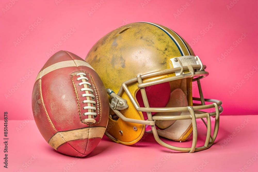 Fototapeta premium Vintage American Football Helmet and Ball on Pink Background